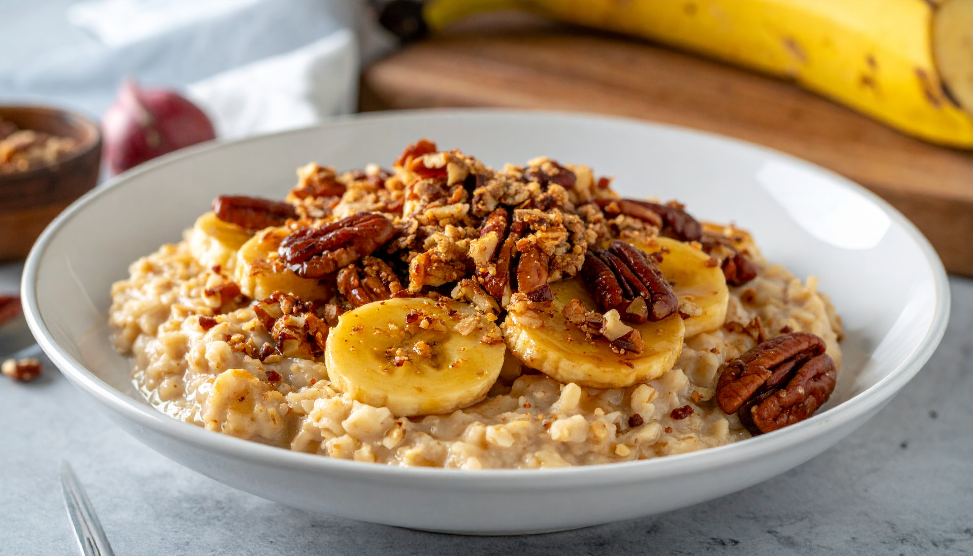Caramelized Banana Bread Overnight Oats with Cinnamon-Pecan Crunch
