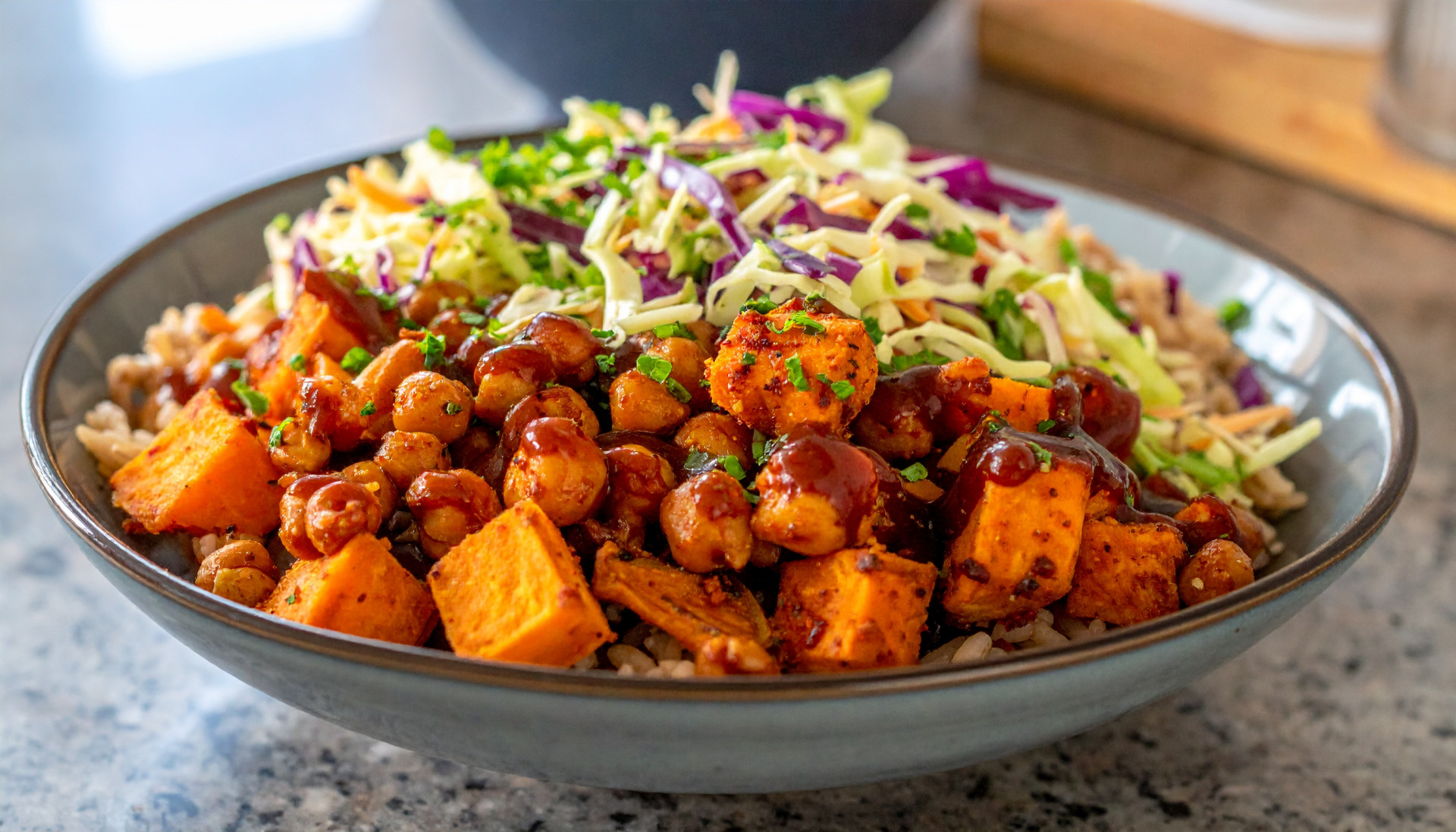 Sticky BBQ Chickpea & Sweet Potato Bowls with Crunchy Slaw