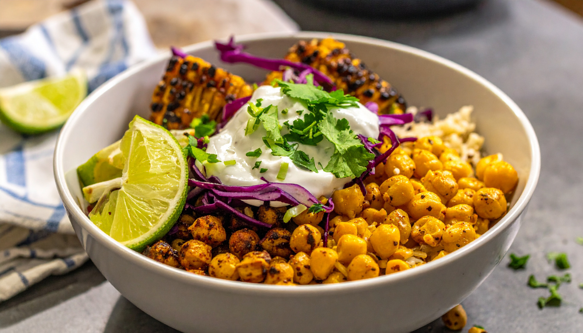 Smoky Street Corn & Chickpea Bowls with Lime Crema