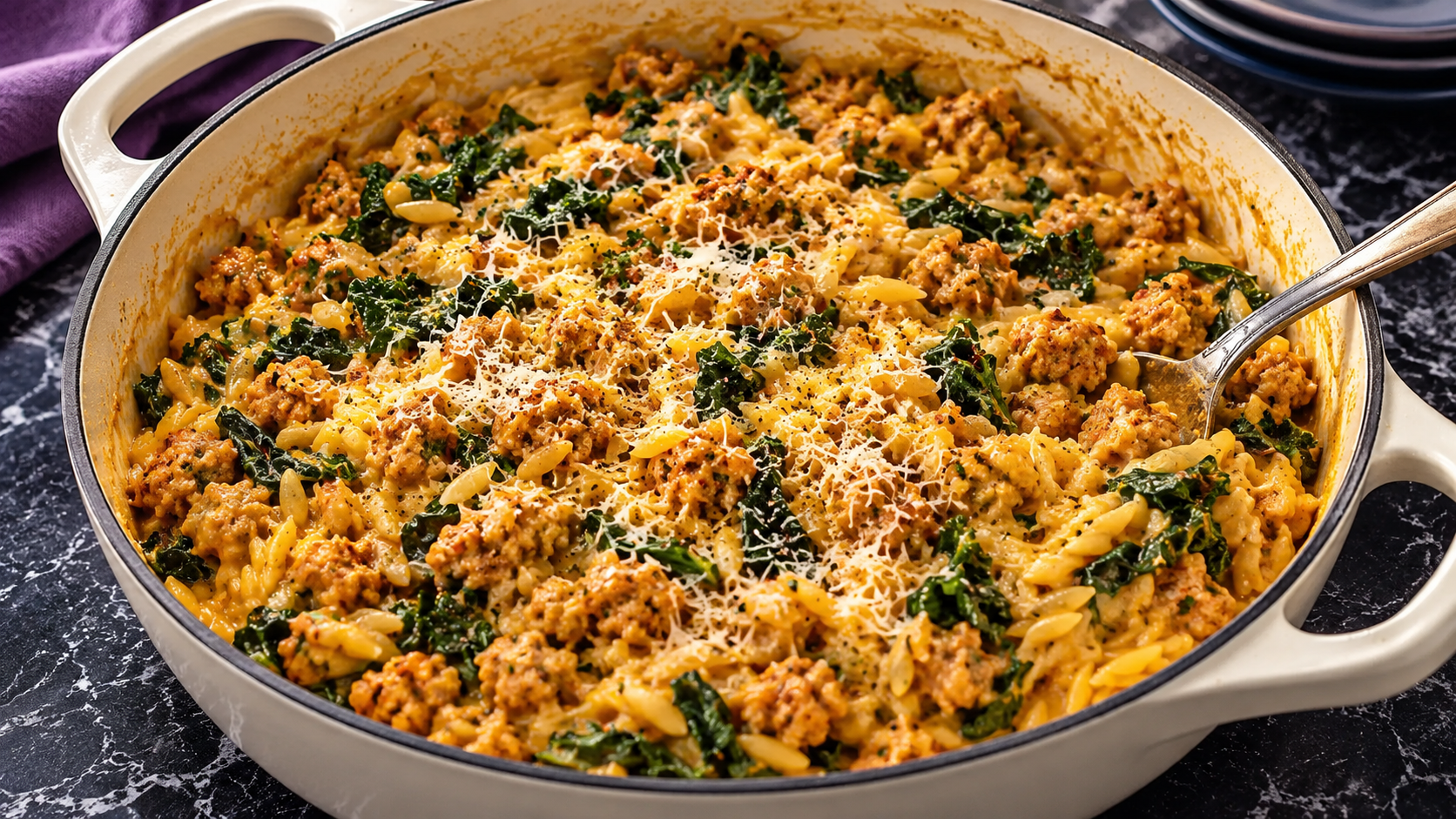 One-Pot Pumpkin Orzo with Spicy Sausage and Kale