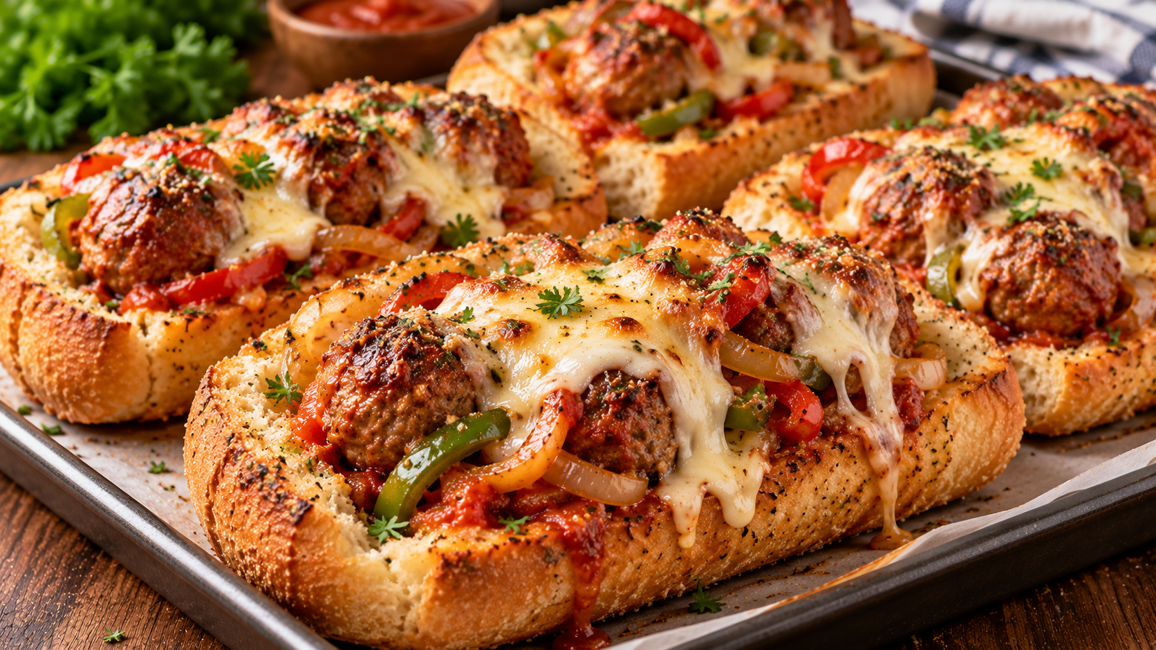 Cheesy Meatball Bread Boats