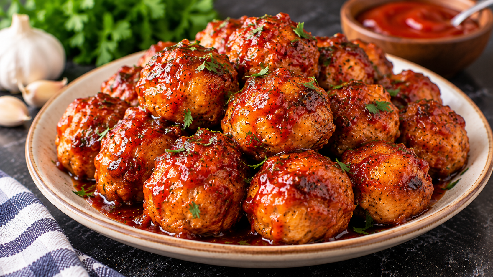 Spicy Ketchup-Glazed Chicken Meatballs