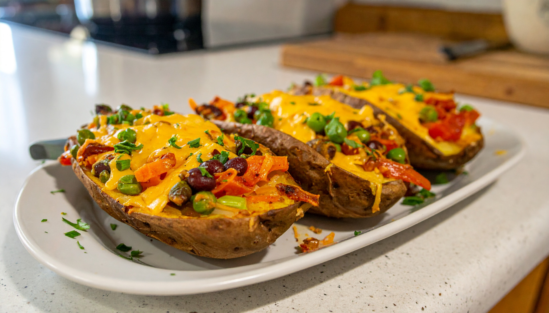 Cheesy bean baked potatoes with vegetables