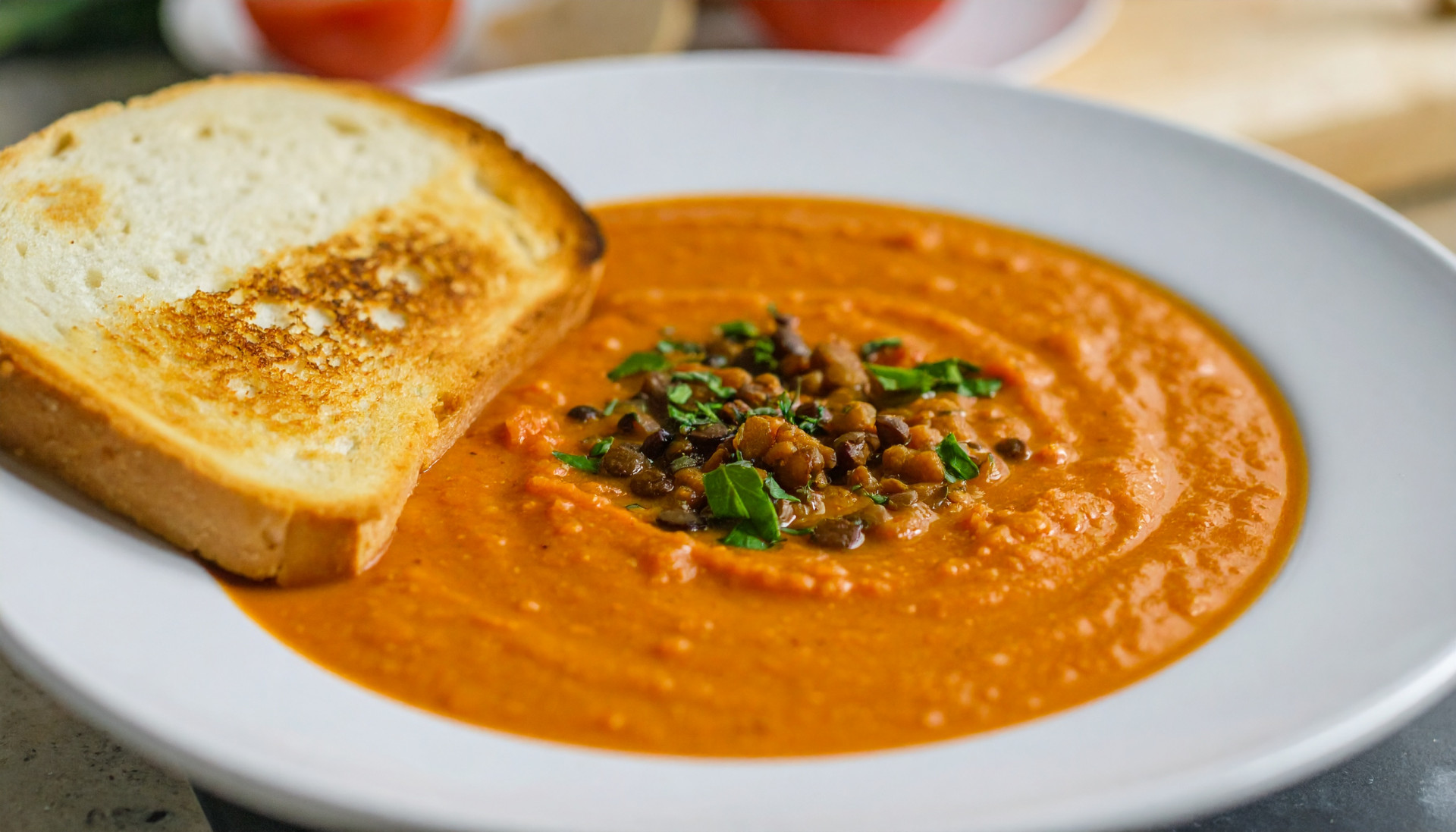 Tomato lentil soup with toast