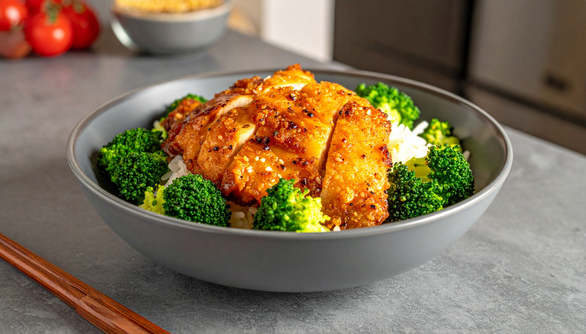Crispy Honey Chicken Rice Bowl with broccoli