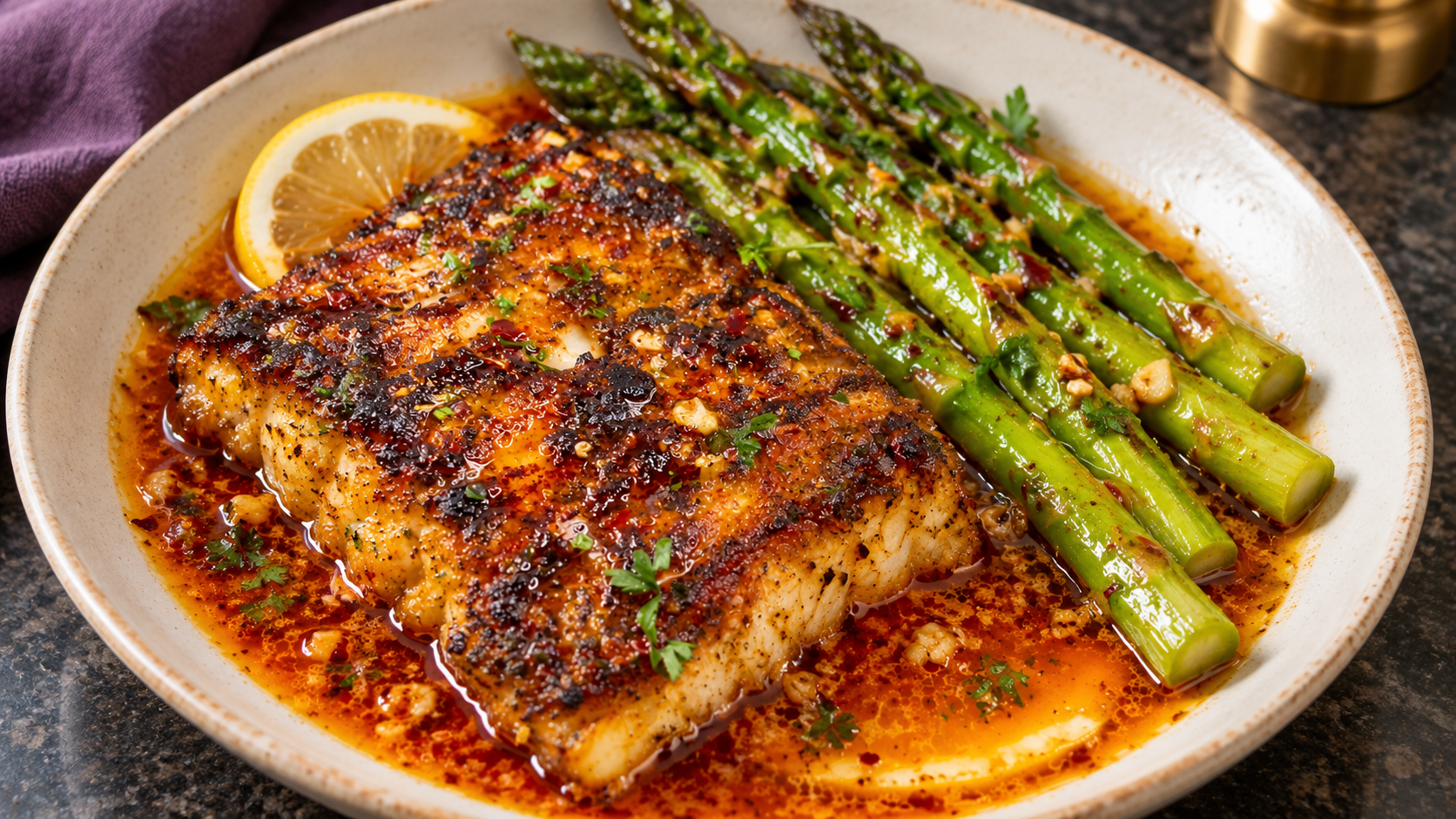 Cajun White Fish and Asparagus in a Spicy Garlic Butter Sauce