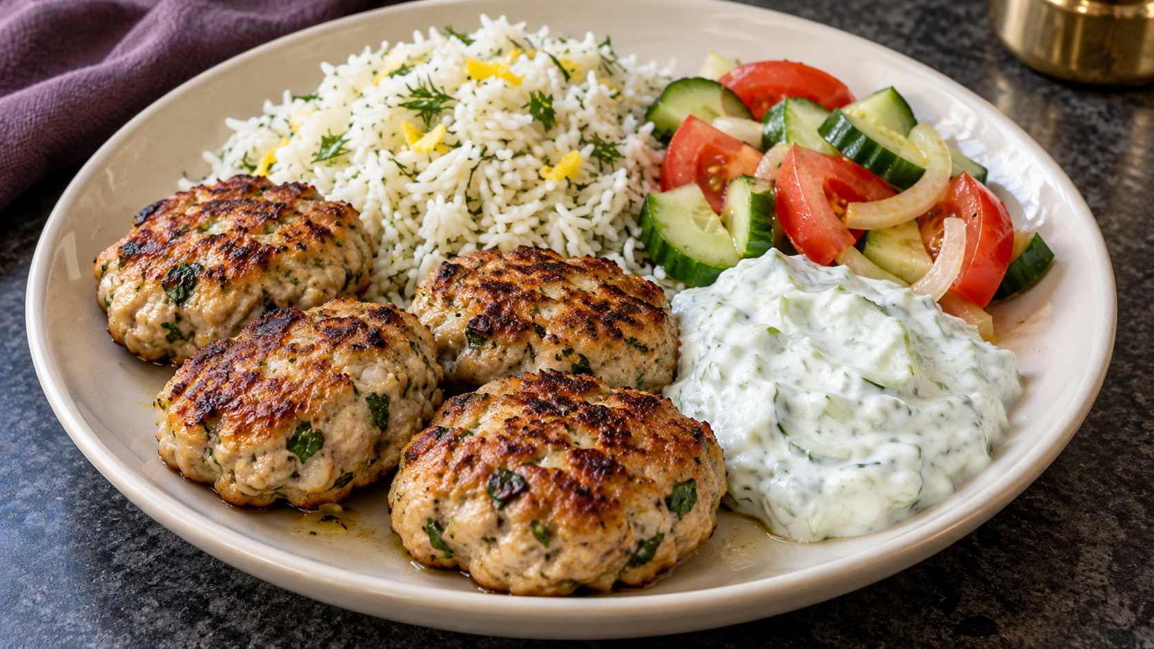 Chicken Kofta with Tzatziki and Lemon Dill Rice