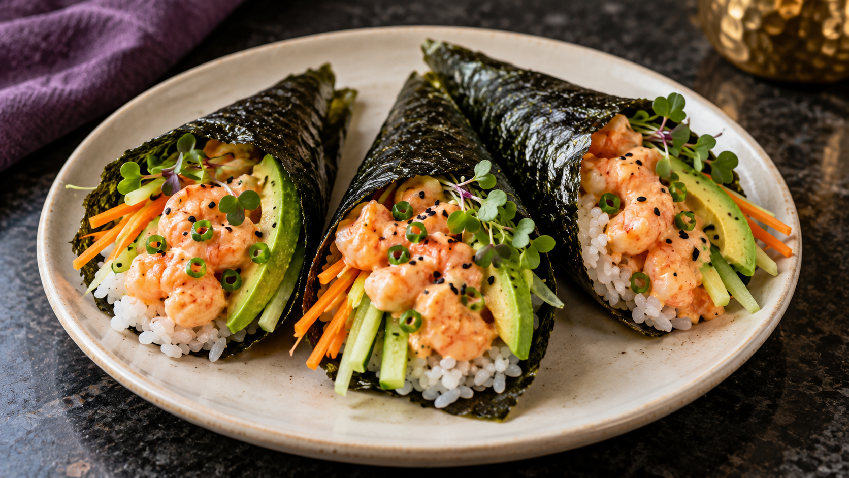 High Protein Spicy Shrimp Hand Rolls