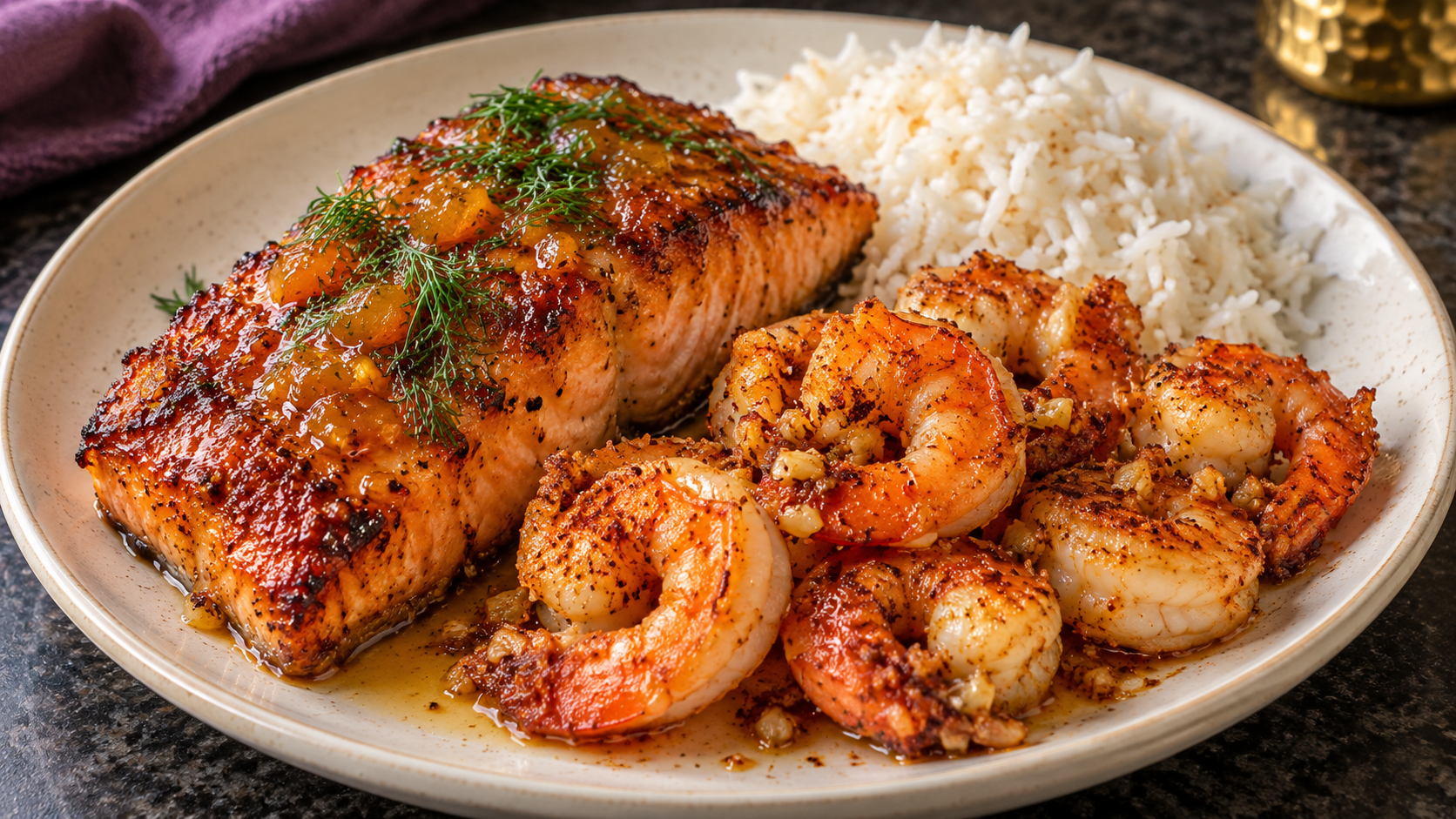 Honey Orange Salmon and Smokey Garlic Butter Shrimp