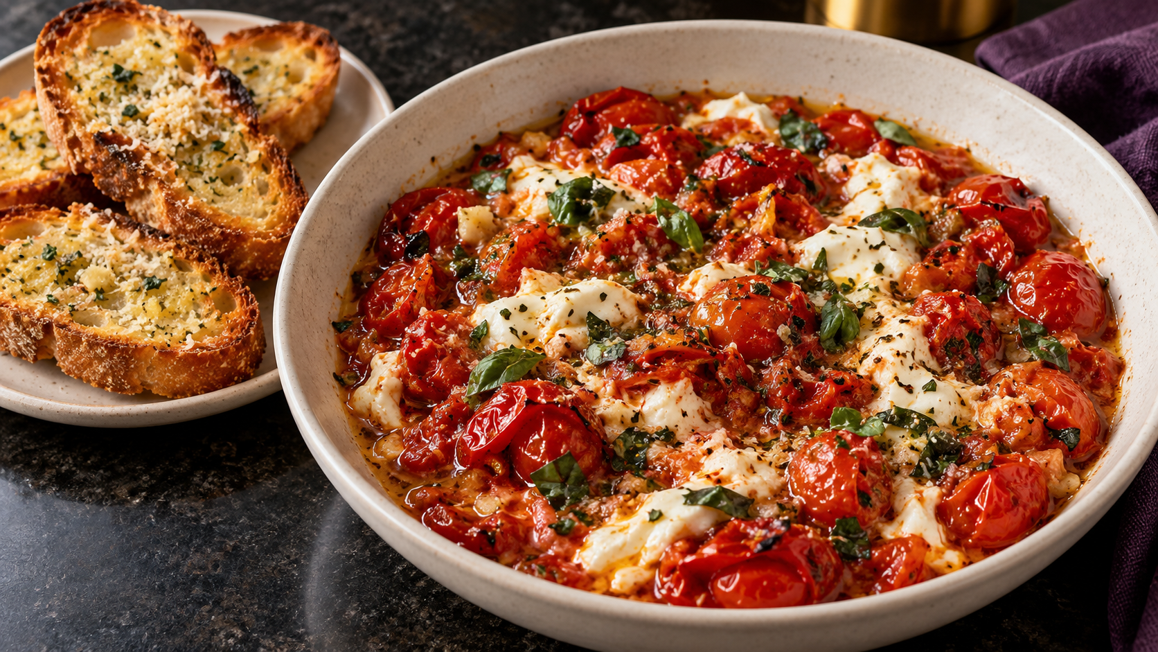 Roasted Tomato Burrata Dip with Garlic Bread Crostinis