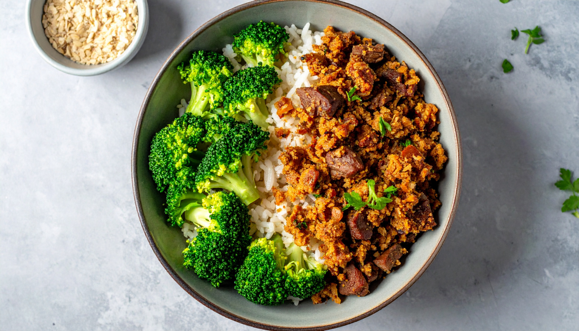 Honey-soy beef and lentil crumble with rice and broccoli