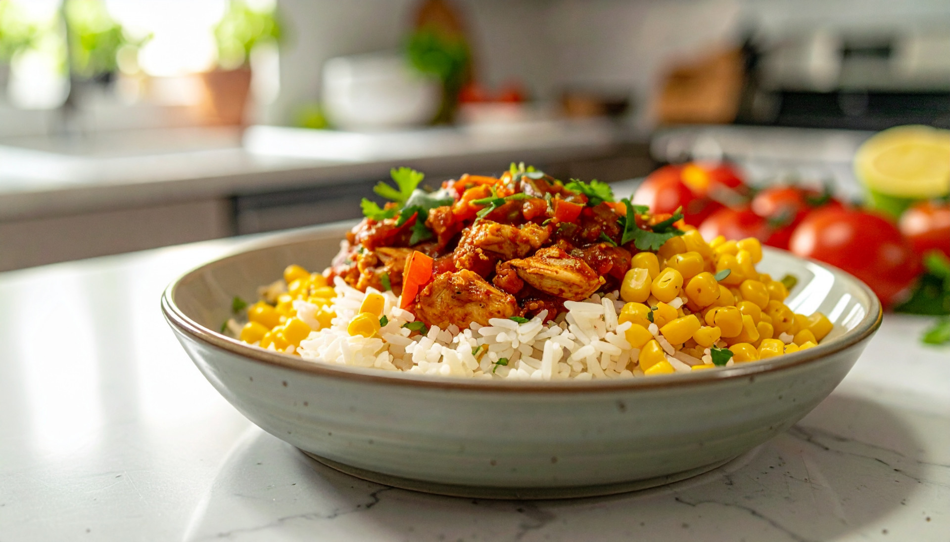 Salsa chicken burrito bowl with rice and corn