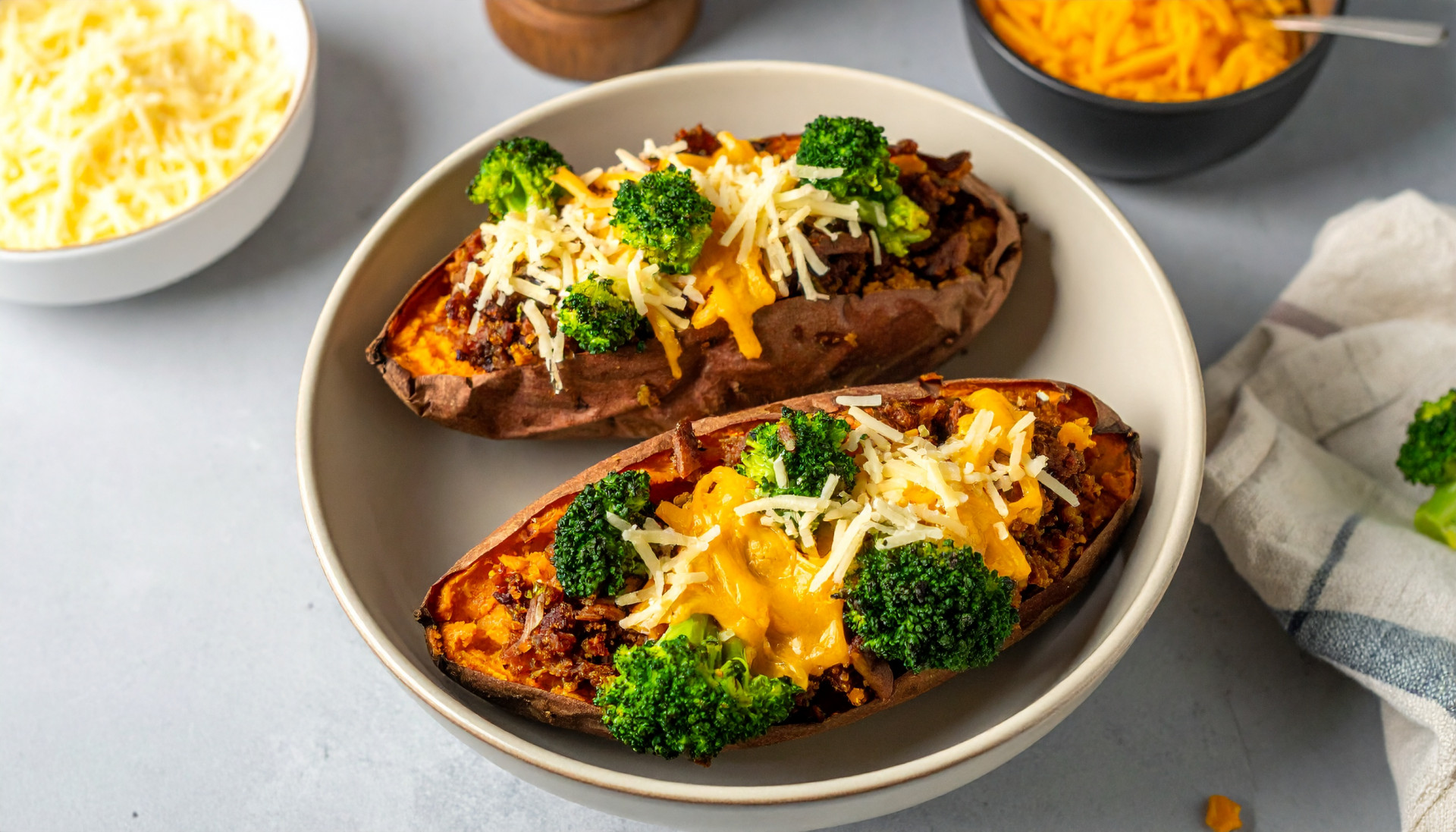 Loaded sweet potatoes with beef and lentil crumble