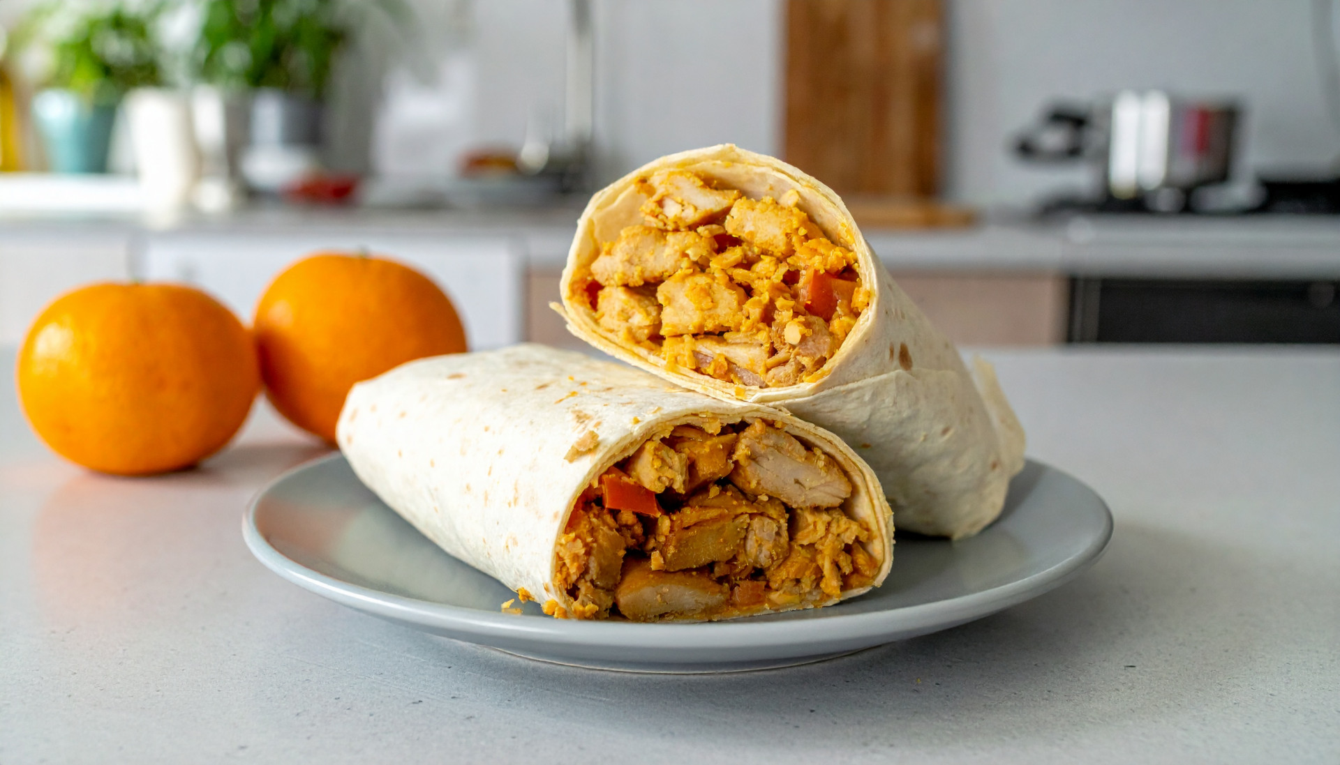 Two peanut chicken wraps with mandarins