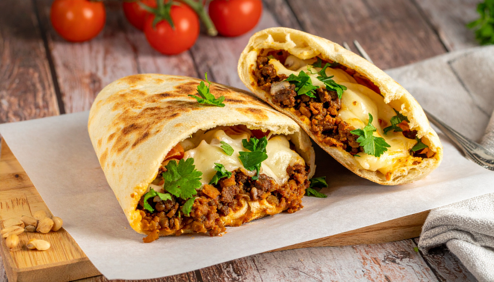 Cheesy beef and lentil pitas