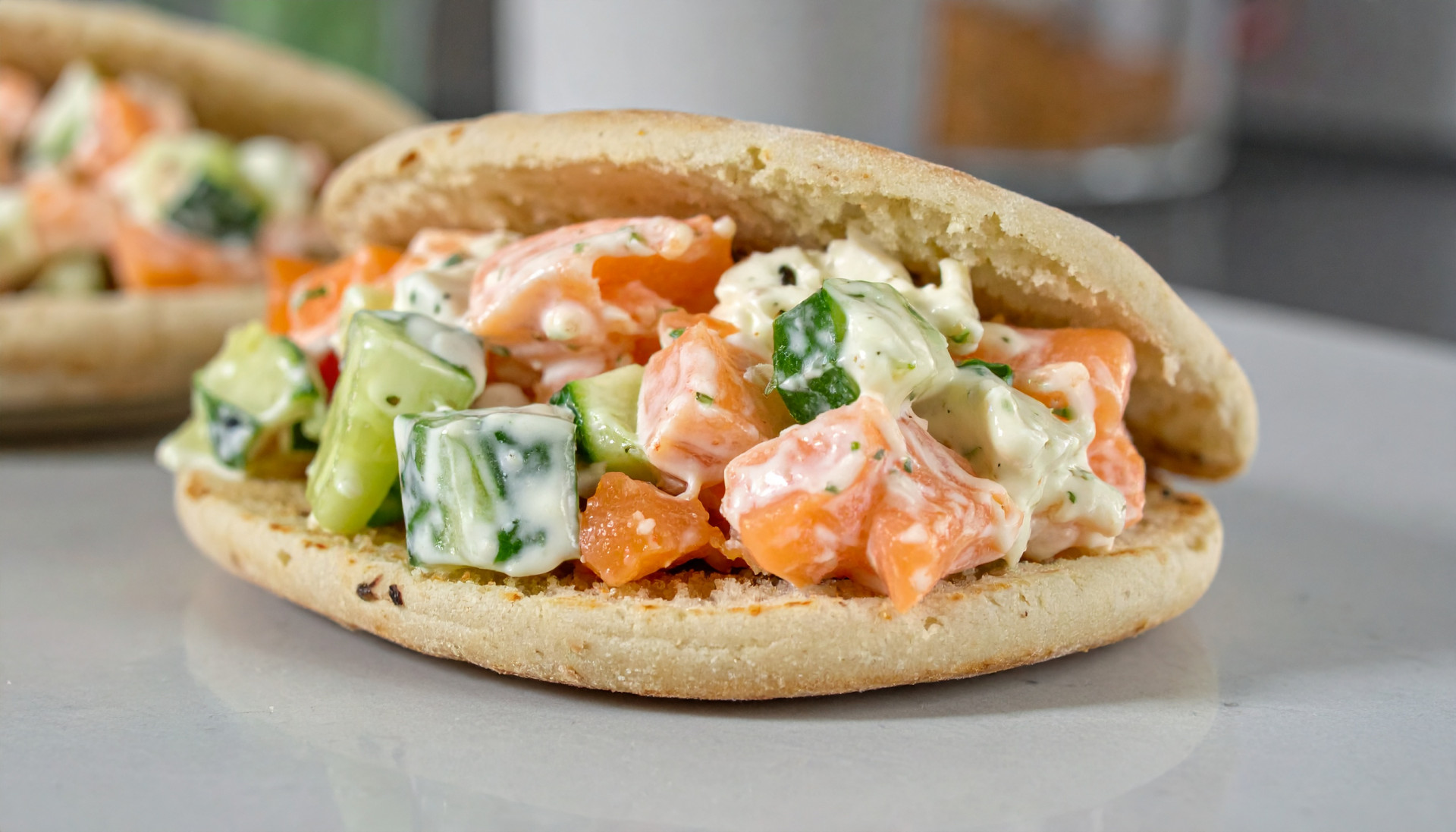 Creamy salmon salad with canned salmon, Greek yogurt, and chopped cucumber