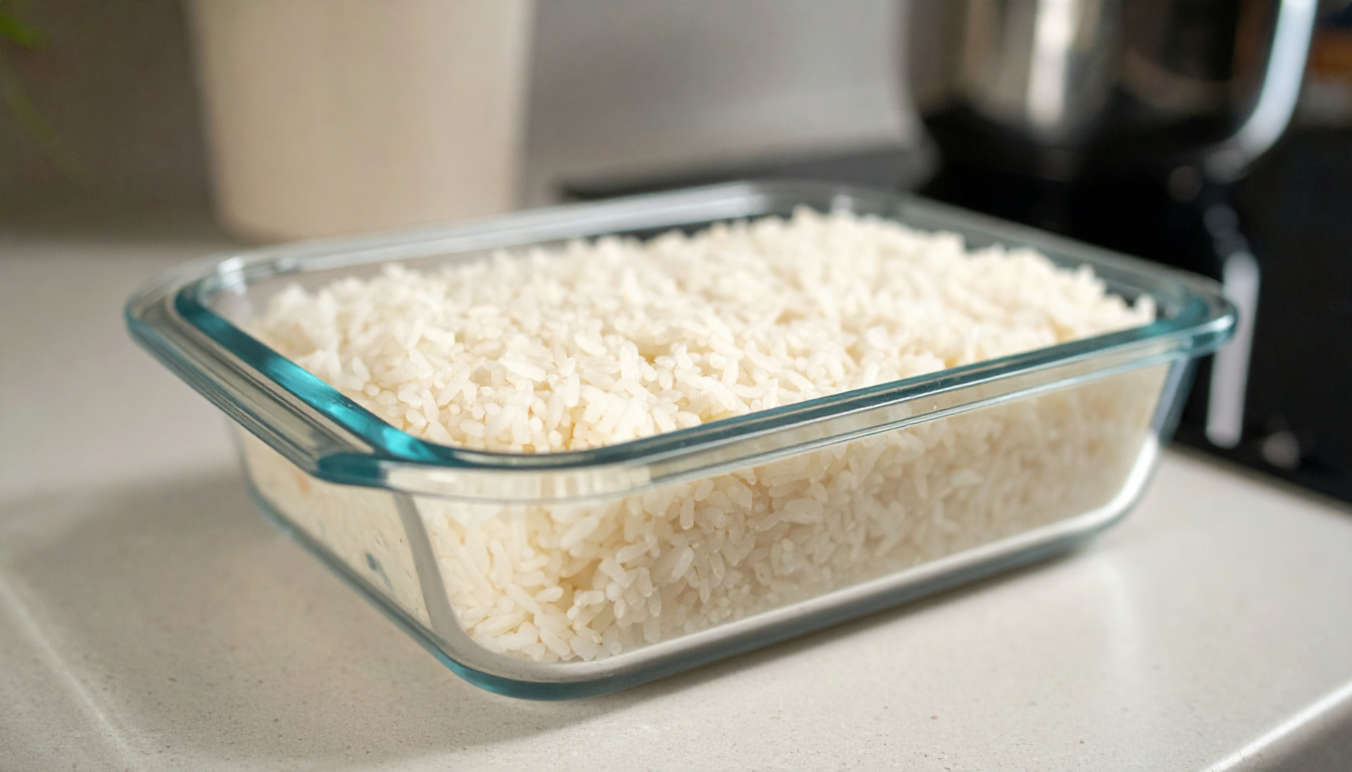 White rice in a glass meal prep container